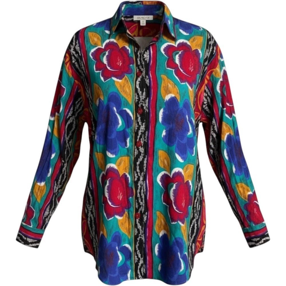 Vintage 80s 90s Take Away Bold Abstract Floral Button Down Blouse Women's Medium